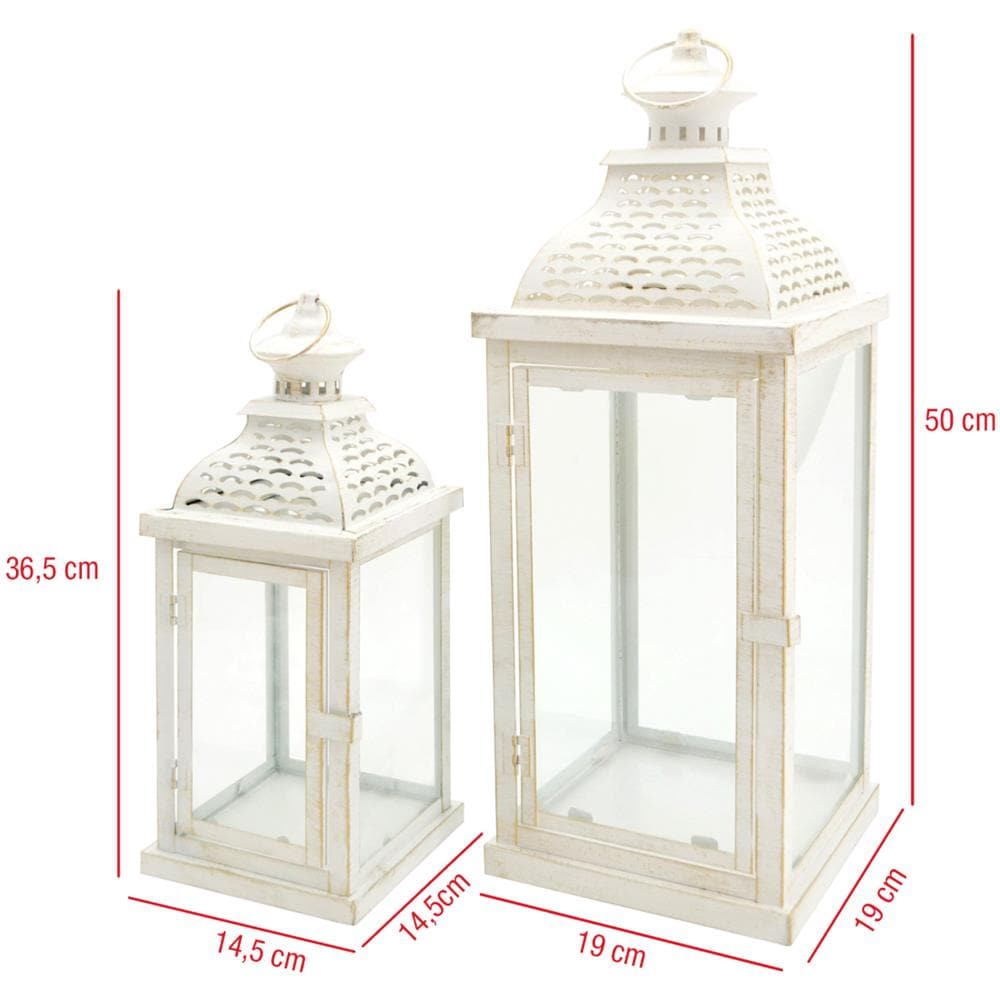 2 Portacandela Lanterne Metallo Vetro Bianco Shabby 50x19x19 - Foto 2