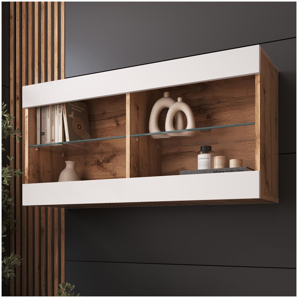Komodee Tivoli Horizontal 100 Vetrina Sospesa, Rovere Wotan/bianco, Senza Led, Larghezza 100 Cm X Altezza 50 Cm X Profondità 29 Cm, Per Soggiorno, Sala Da Pranzo - Foto 1