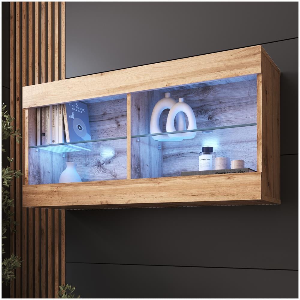 Komodee Tivoli Horizontal 100 Vetrina Sospesa, Rovere Wotan/rovere Wotan, Illuminazione Led Blu, Larghezza 100 Cm X Altezza 50 Cm X Profondità 29 Cm, Per Soggiorno, Sala Da Pranzo - Foto 1