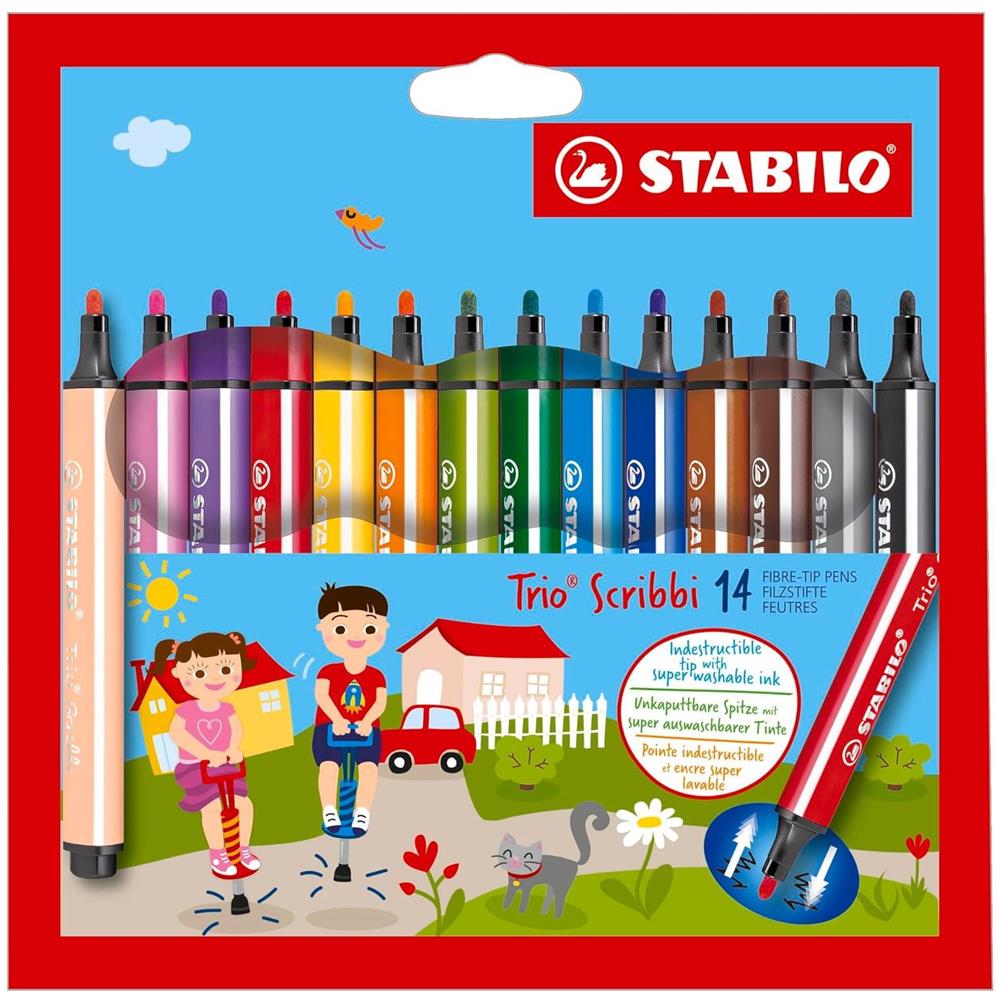 Trio Scribbi - Pennarello triangolare con punta ammortizzata - Astuccio da 14 - Colori assortiti - Foto 1
