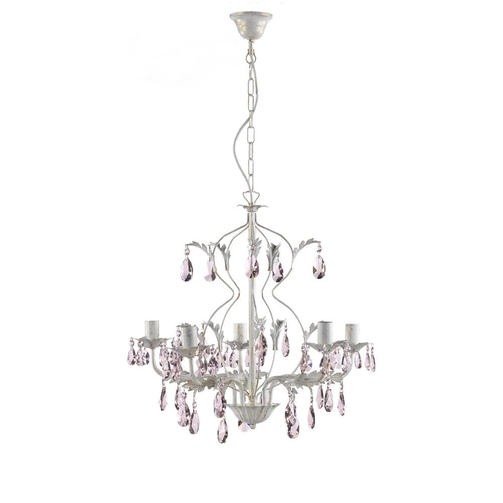 Lampadario 5 Luci In Metallo Avorio Spennellato Oro Con Gocce In Cristallo Rosa - Foto 2