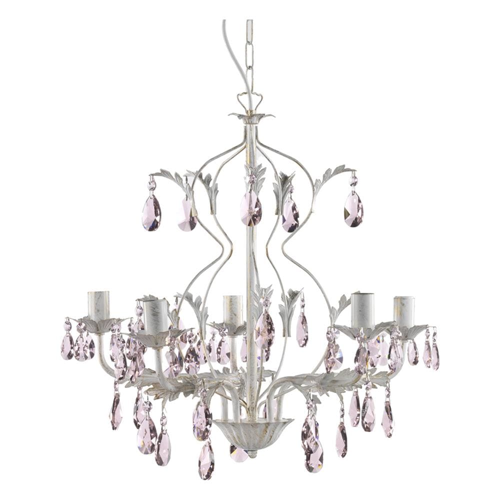 Lampadario 5 Luci In Metallo Avorio Spennellato Oro Con Gocce In Cristallo Rosa - Foto 1