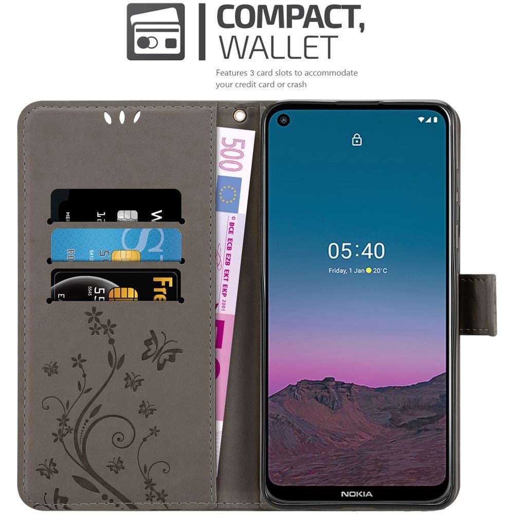 Custodia Compatibile Con Nokia 5.4 In Grigio Fiore - Coperchio Protettivo In Design Floreale Con Chiusura Magnetica, Funzione Stand E Slot Per Carte - Foto 2