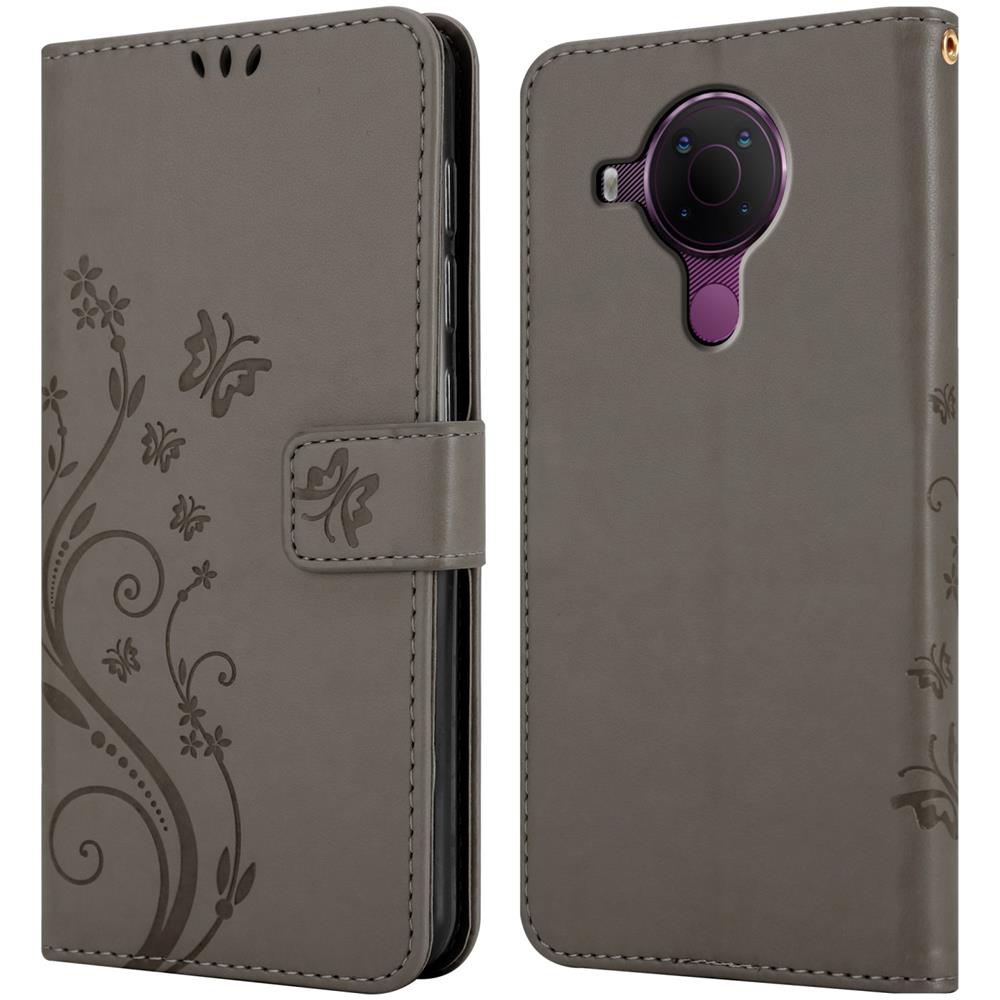Custodia Compatibile Con Nokia 5.4 In Grigio Fiore - Coperchio Protettivo In Design Floreale Con Chiusura Magnetica, Funzione Stand E Slot Per Carte - Foto 7