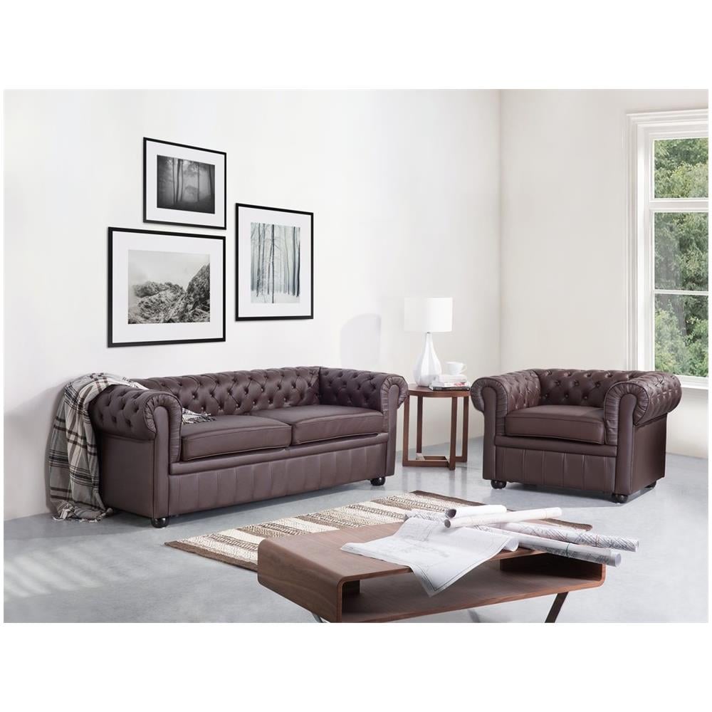 Divano Vintage A 3 Posti In Pelle Marrone Chesterfield - Foto 2