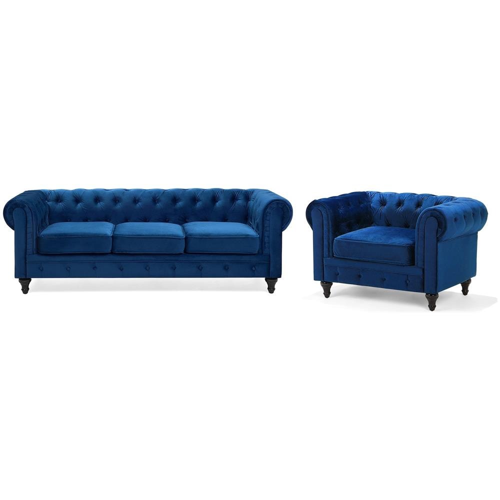 Set Divani In Tessuto Di Velluto Blu Cobalto 4 Posti Chesterfield - Foto 1