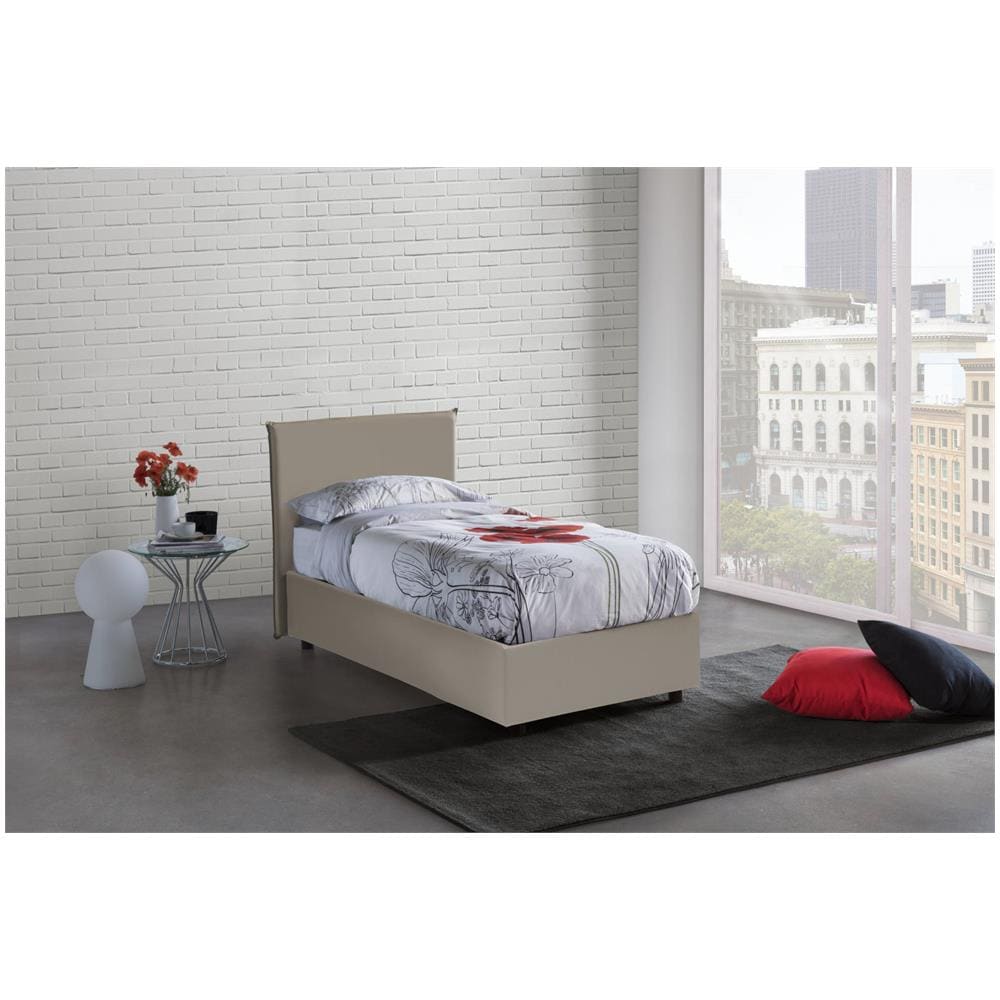 Letto Singolo Caide, Letto Contenitore Con Rivestimento In Ecopelle, 100% Made In Italy, Apertura Laterale, Con Materasso Cm 80x190 Incluso, Tortora - Foto 1