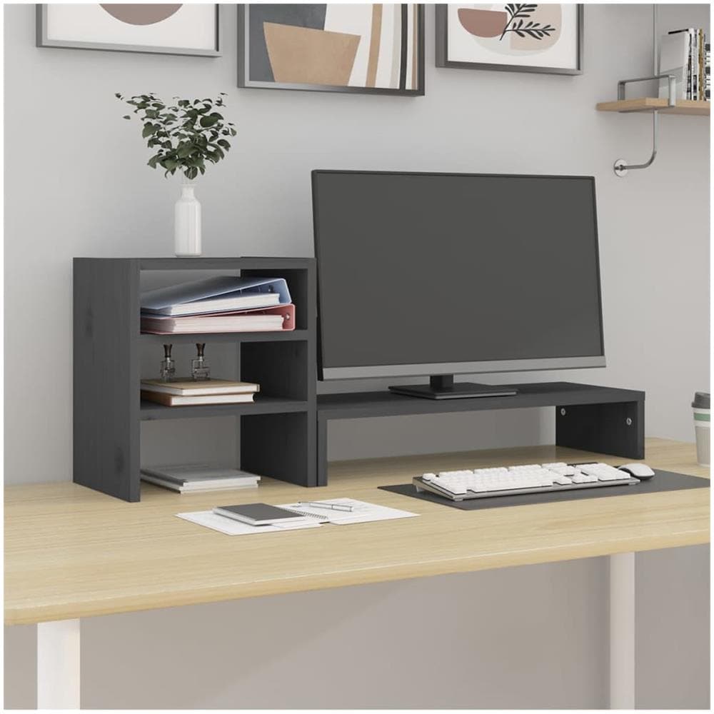 Supporto Per Monitor Grigio 81x20x30 Cm Legno Massello Di Pino - Foto 1