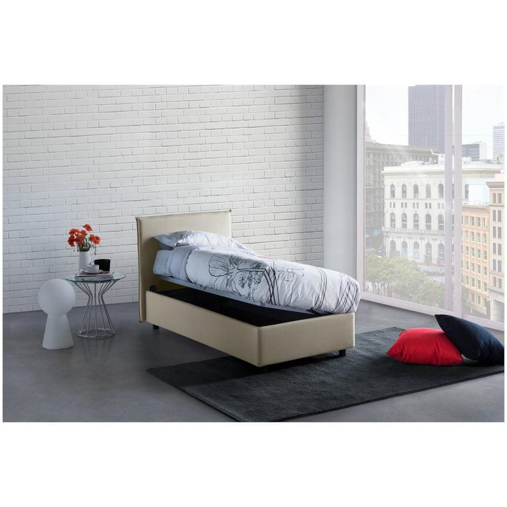 Letto Singolo Candida, Letto Contenitore Con Rivestimento In Tessuto, 100% Made In Italy, Apertura Laterale, Adatto Per Materasso Cm 80x190, Beige - Foto 2