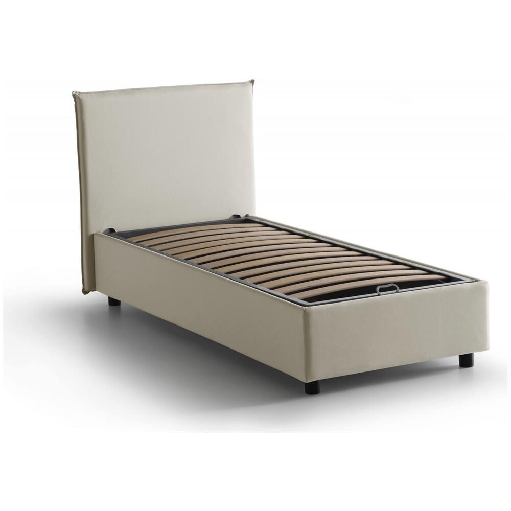 Letto Singolo Candida, Letto Contenitore Con Rivestimento In Tessuto, 100% Made In Italy, Apertura Laterale, Adatto Per Materasso Cm 80x190, Beige - Foto 4