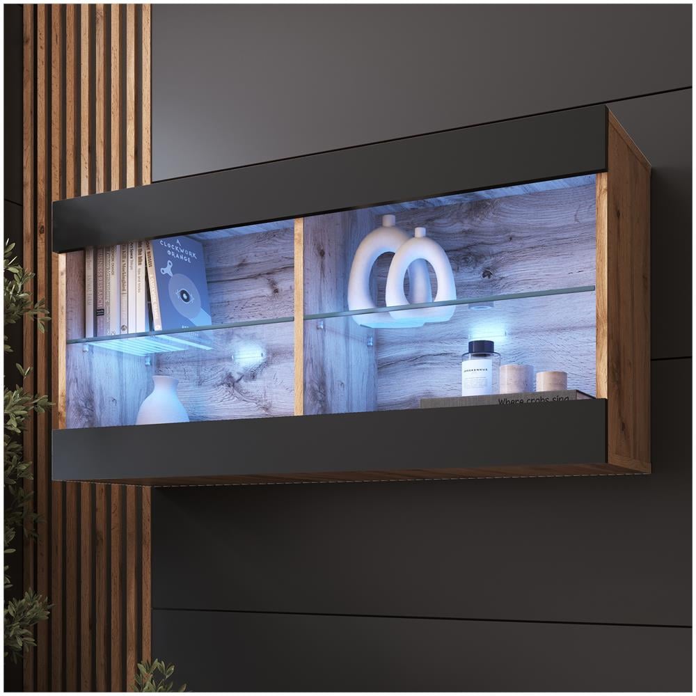 Komodee Tivoli Horizontal 100 Vetrina Sospesa, Rovere Wotan/nero, Illuminazione Led Blu, Larghezza 100 Cm X Altezza 50 Cm X Profondità 29 Cm, Per Soggiorno, Sala Da Pranzo - Foto 1