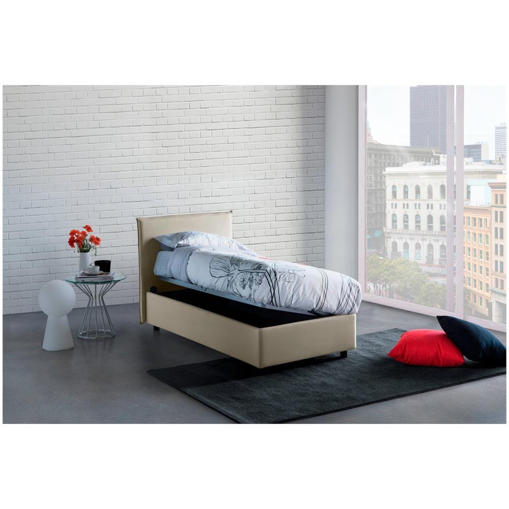 Letto Singolo Carola, Letto Contenitore Con Rivestimento In Tessuto, 100% Made In Italy, Apertura Laterale, Con Materasso Cm 80x190 Incluso, Beige - Foto 1