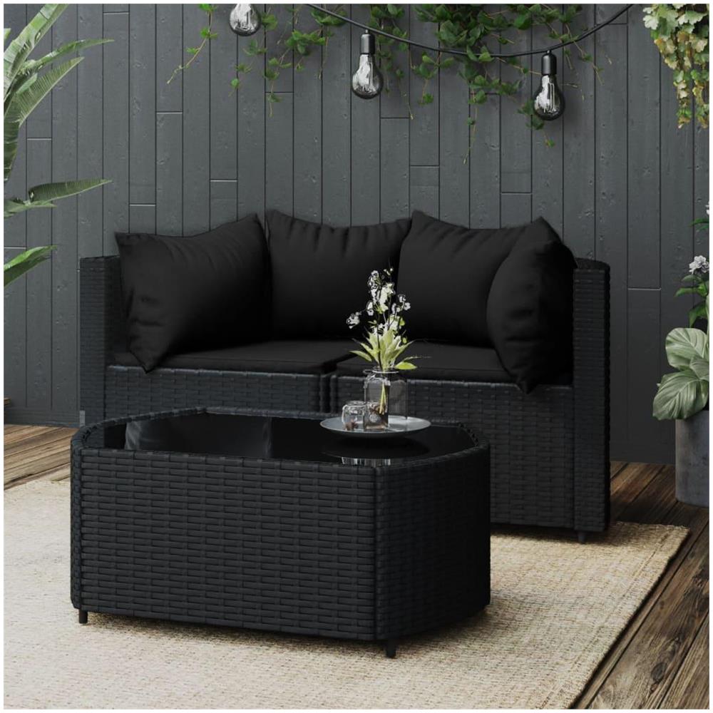 Set Divani da Giardino 3 pz con Cuscini Nero in Polyrattan - Foto 2
