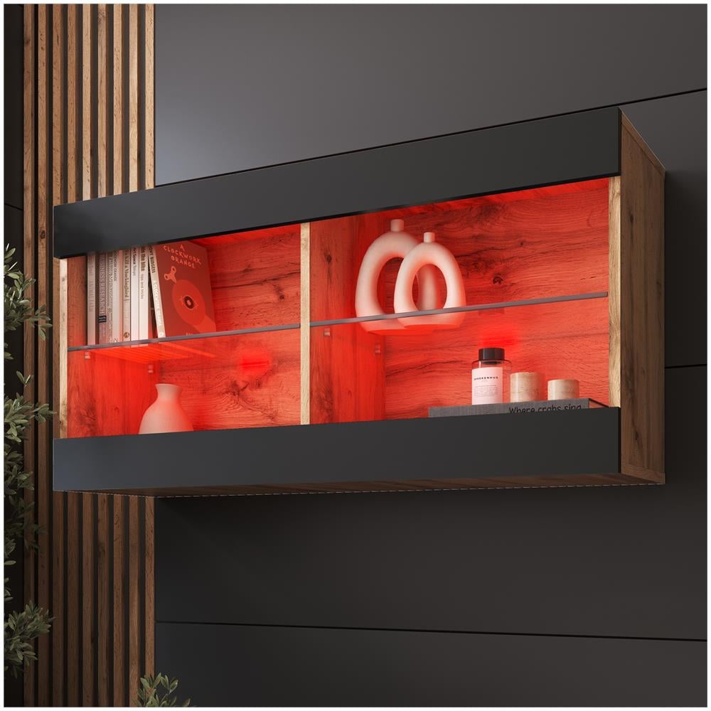 Komodee Tivoli Horizontal 100 Vetrina Sospesa, Rovere Wotan/nero, Illuminazione Led Multicolore Rgb, Larghezza 100 Cm X Altezza 50 Cm X Profondità 29 Cm, Per Soggiorno, Sala Da Pranzo - Foto 1