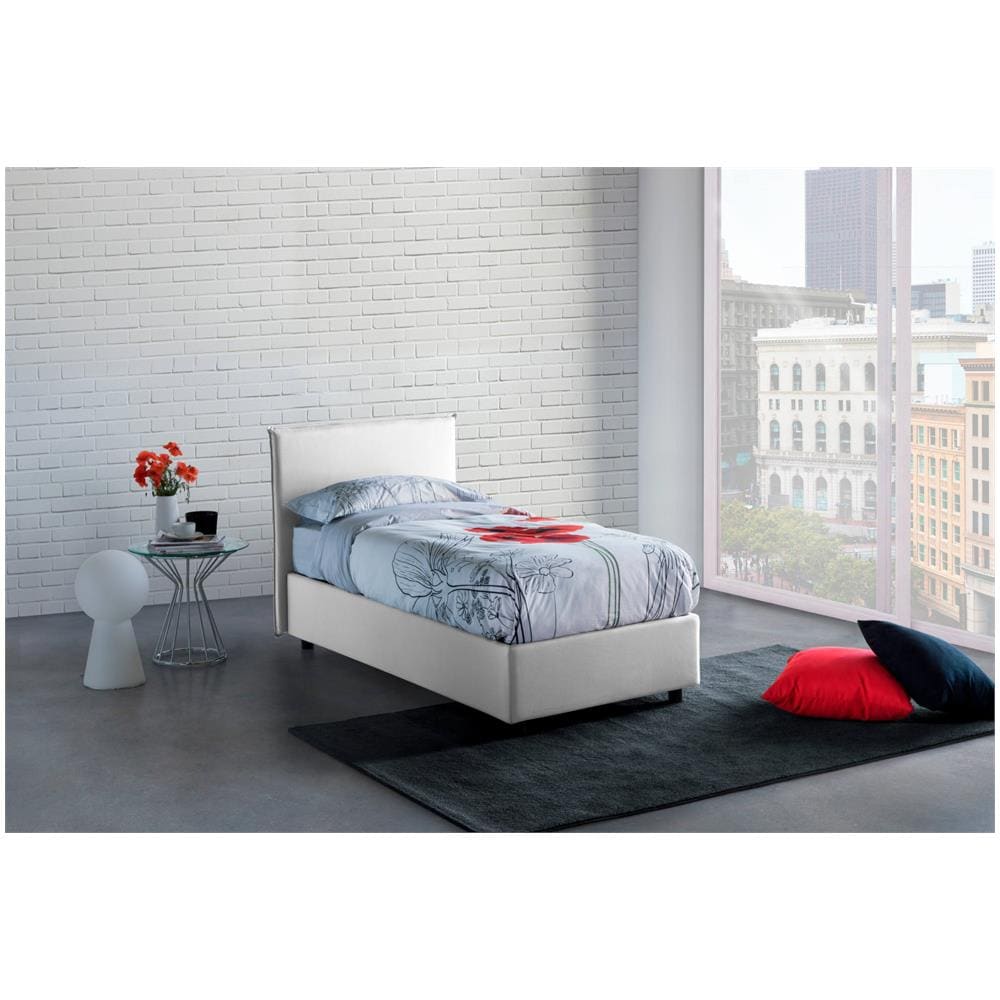 Letto Singolo Candida, Letto Contenitore Con Rivestimento In Tessuto, 100% Made In Italy, Apertura Laterale, Adatto Per Materasso Cm 80x190, Bianco - Foto 1