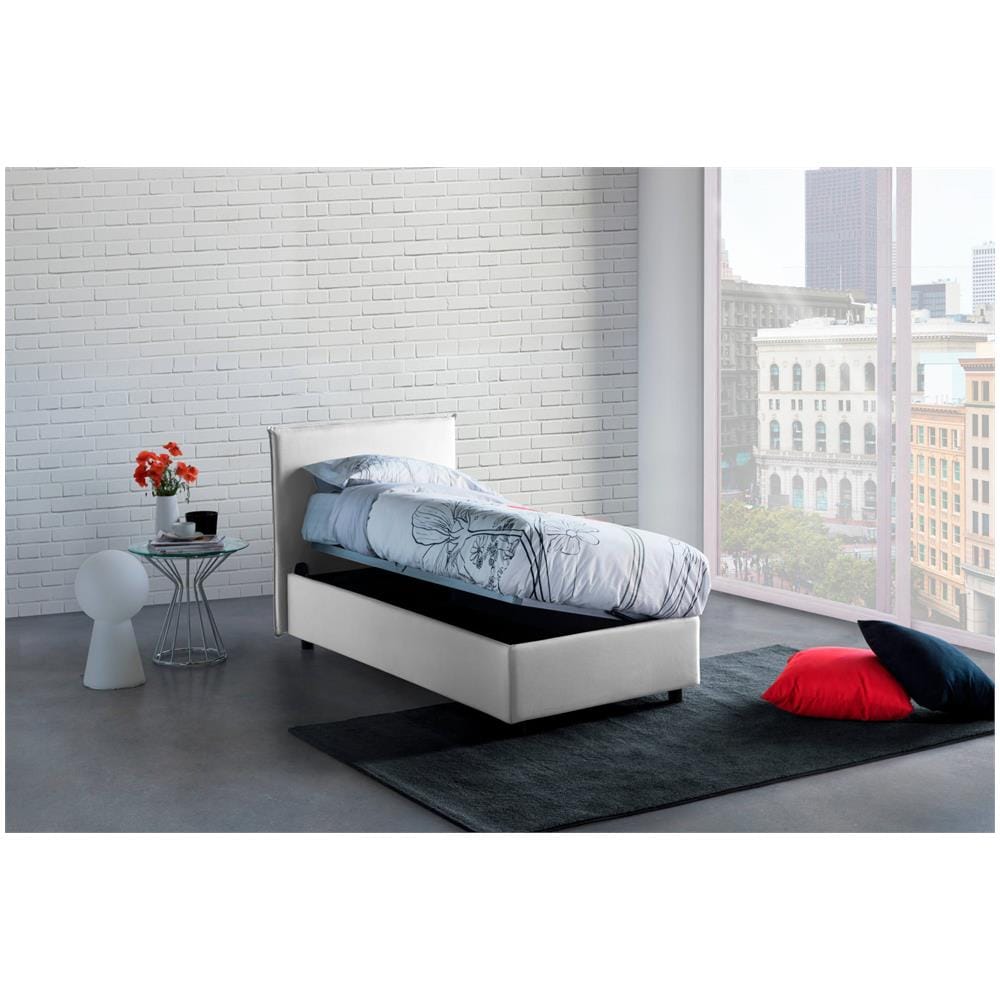 Letto Singolo Candida, Letto Contenitore Con Rivestimento In Tessuto, 100% Made In Italy, Apertura Laterale, Adatto Per Materasso Cm 80x190, Bianco - Foto 2