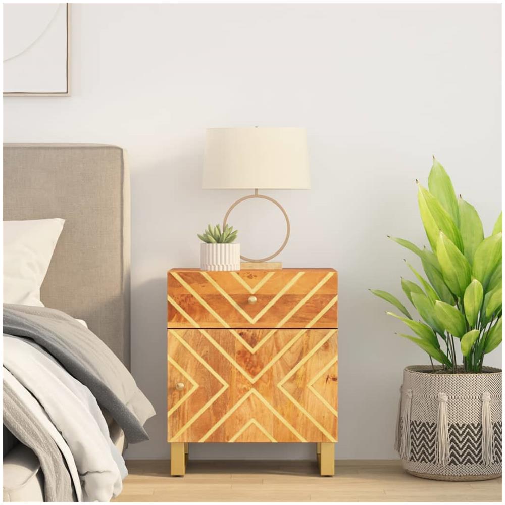 Comodino Marrone Nero 50x33x60 Cm In Legno Massello Di Mango - Foto 1