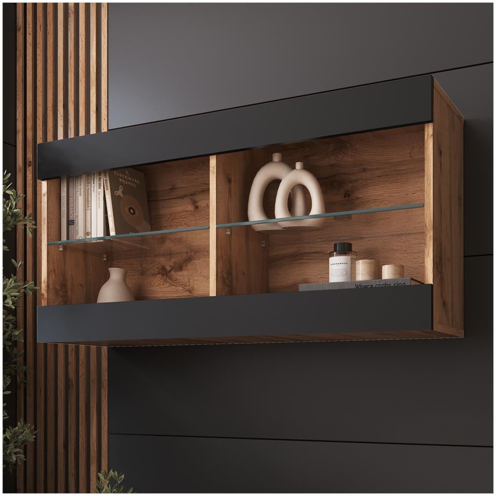 Komodee Tivoli Horizontal 100 Vetrina Sospesa, Rovere Wotan/nero, Senza Led, Larghezza 100 Cm X Altezza 50 Cm X Profondità 29 Cm, Per Soggiorno, Sala Da Pranzo - Foto 1
