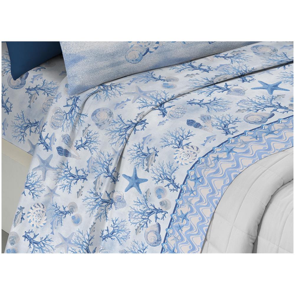 Completo Lenzuola Letto Pensieri Delicati 100% Cotone Dis. Marina New Matrimoniale Blu - Foto 2
