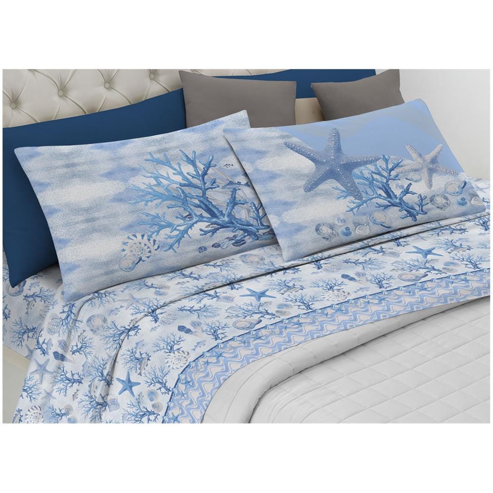 Completo Lenzuola Letto Pensieri Delicati 100% Cotone Dis. Marina New Matrimoniale Blu - Foto 1