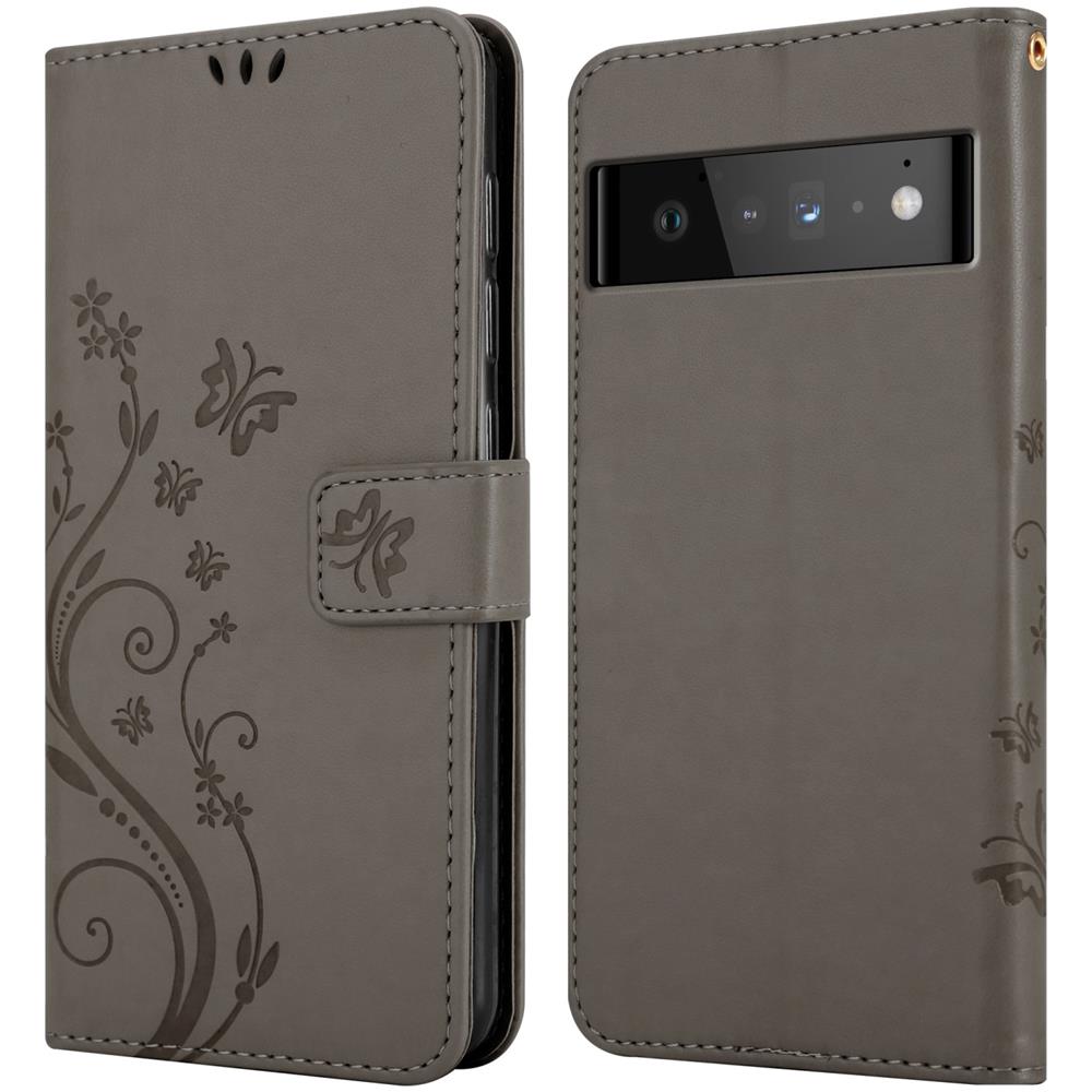 Custodia Compatibile Con Google Pixel 6 Pro In Grigio Fiore - Coperchio Protettivo In Design Floreale Con Chiusura Magnetica, Funzione Stand E Slot Per Carte - Foto 8