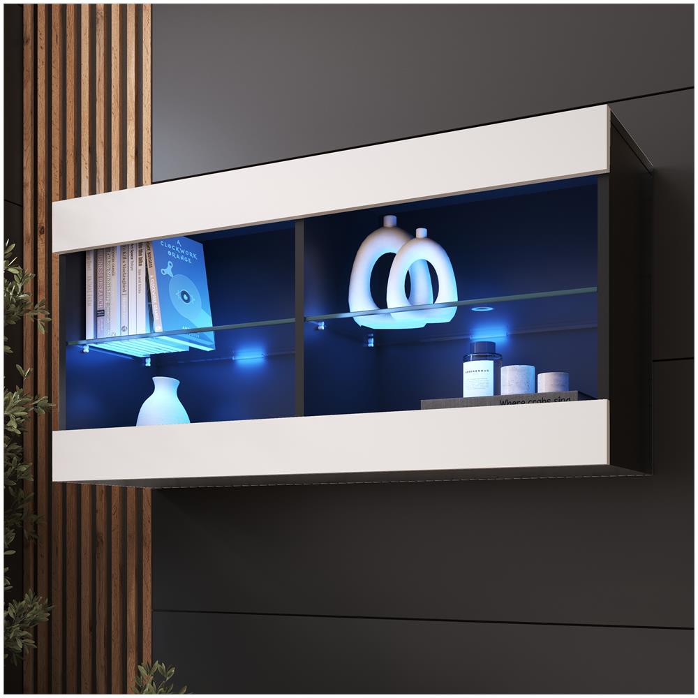 Komodee Tivoli Horizontal 100 Vetrina Sospesa, Nero/bianco, Illuminazione Led Blu, Larghezza 100 Cm X Altezza 50 Cm X Profondità 29 Cm, Per Soggiorno, Sala Da Pranzo - Foto 1