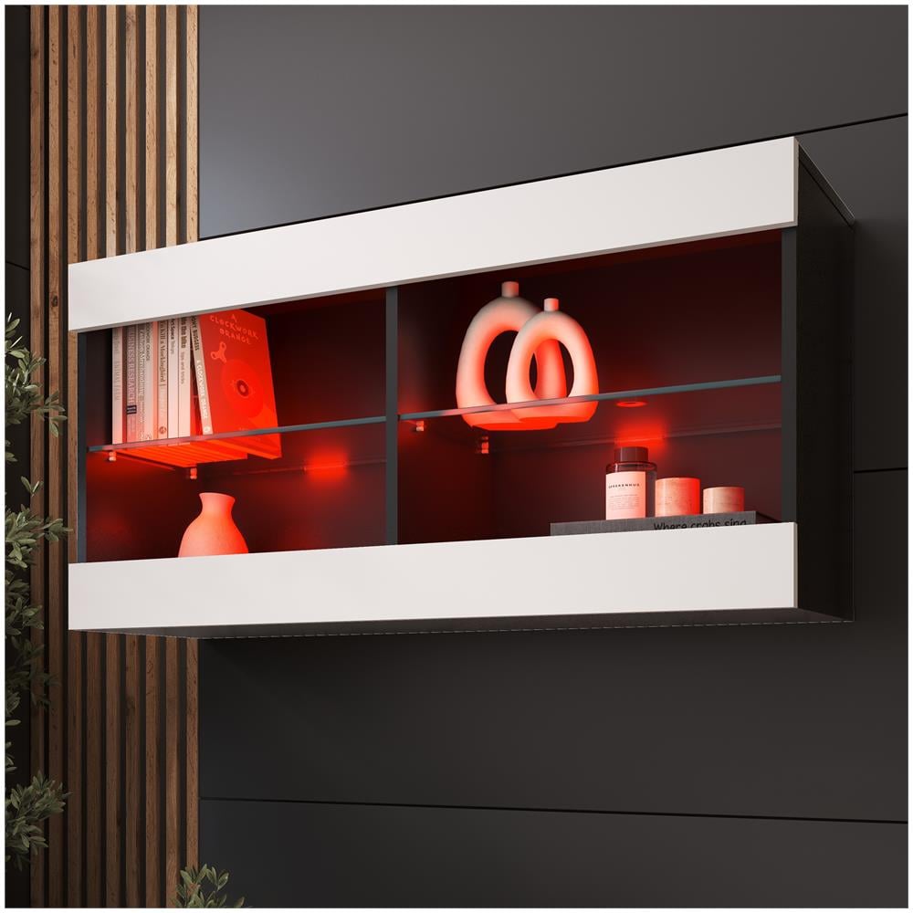 Komodee Tivoli Horizontal 100 Vetrina Sospesa, Nero/bianco, Illuminazione Led Multicolore Rgb, Larghezza 100 Cm X Altezza 50 Cm X Profondità 29 Cm, Per Soggiorno, Sala Da Pranzo - Foto 1