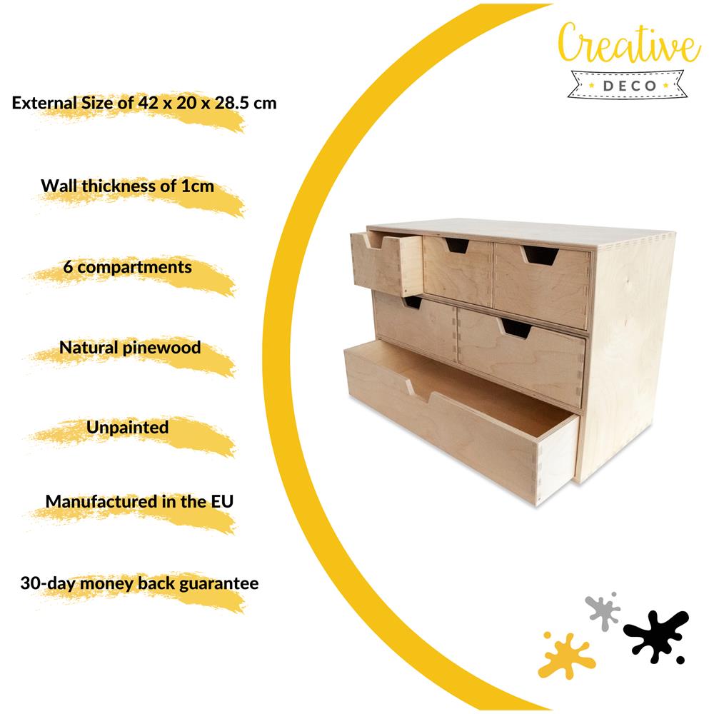 Mini Cassettiera In Legno | 6 Cassetti | 42 X 20 X 28,5 Cm (+ / - 1 Cm) | Scatola Armadio Di Stoccaggio | Compensato Non Verniciato | Perfetto Per Conservare, Decoupage E Decorazioni - Foto 2
