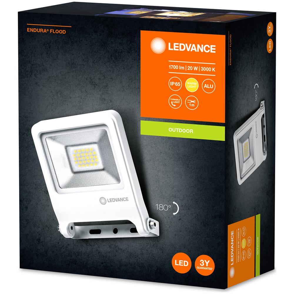 Ledvance Floodlight Led, Lampada Da Esterno, Endura® Flood Bianco Caldo / 20 W, 220…240 V, Ampiezza Fascio Luminoso: 120°, Bianco Caldo, 3000 K, Materiale: Alluminio, Ip65 - Foto 2