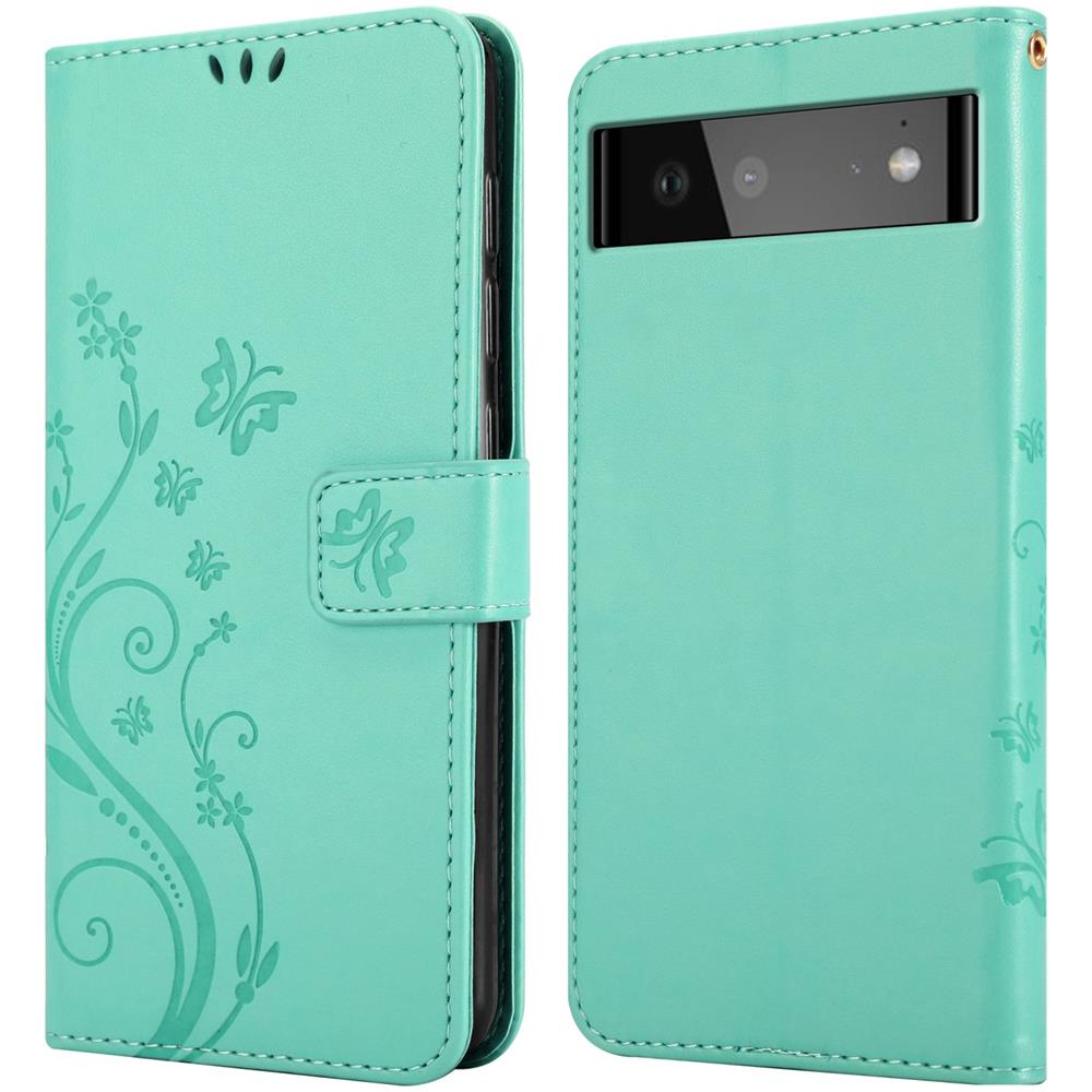 Custodia Compatibile Con Google Pixel 6 In Turchese Fiore - Coperchio Protettivo In Design Floreale Con Chiusura Magnetica, Funzione Stand E Slot Per Carte - Foto 8