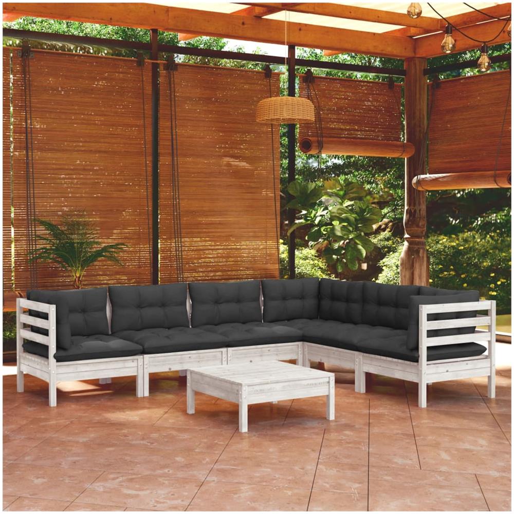 Set Divani Da Giardino 7 Pz Con Cuscini Bianchi Legno Di Pino - Foto 1