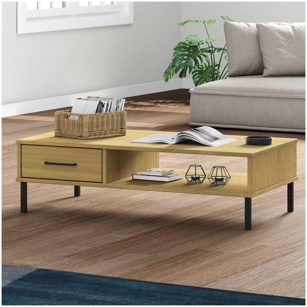 Tavolino Salotto Gambe Metallo Marrone Legno Massello Pino Oslo - Foto 1