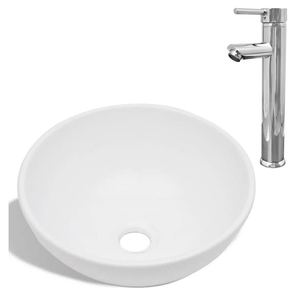 Lavello Bagno Con Miscelatore In Ceramica Rotondo Bianco - Foto 2