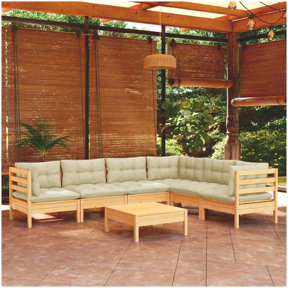 Set Divani Da Giardino 7 Pz Con Cuscini Crema In Massello Di Pino - Foto 1