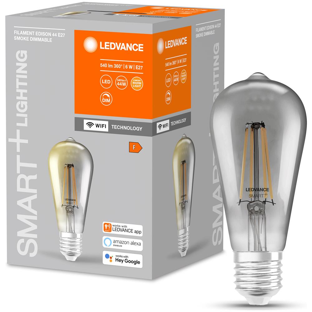 Lampada A Led Smart Ledvance Con Tecnologia Wifi, Presa E27, Dimmerabile, Bianco Caldo (2500k), Edisonform, Filamento Trasparente Nel Vetro Di Fumo, Sostituzione Per Pere Convenzionali A 44 W, Controllabili Con Alexa, Google & App - Foto 2