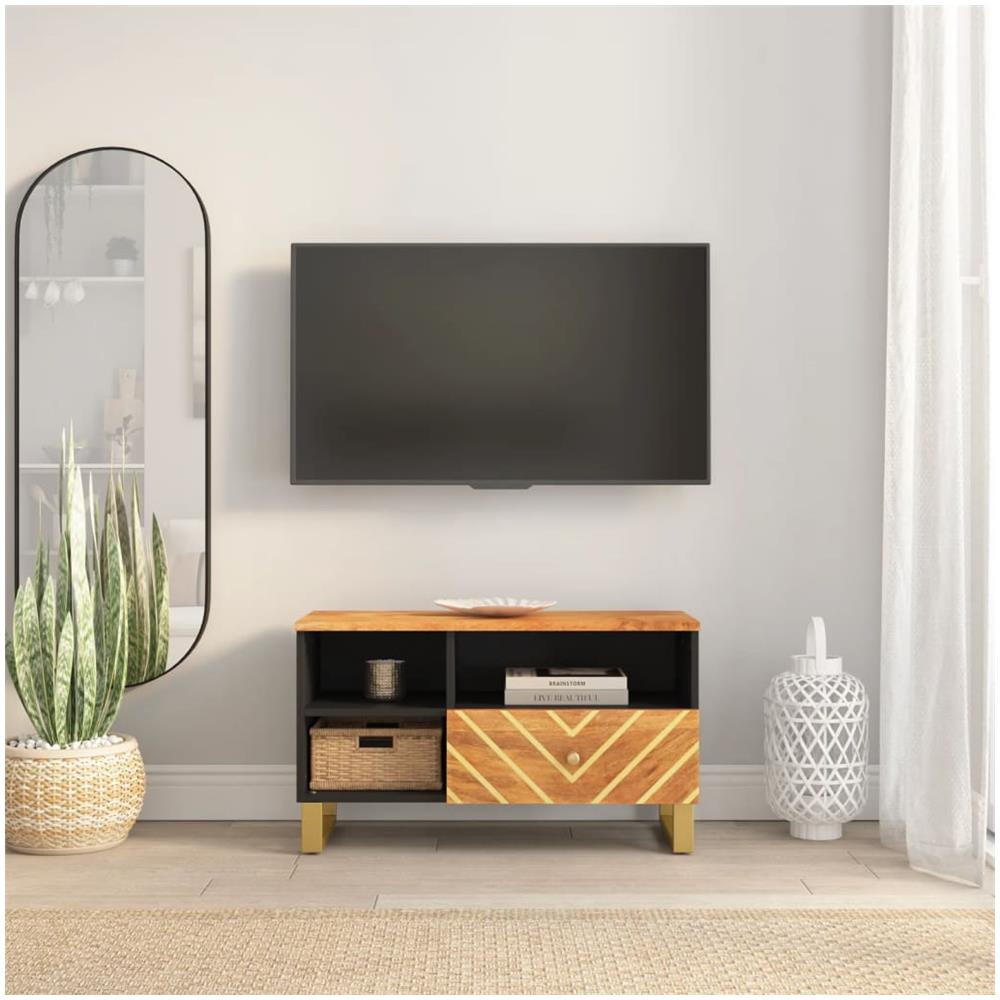 Mobile Porta Tv Marrone E Nero 80x33,5x46 Cm In Legno Di Mango - Foto 1