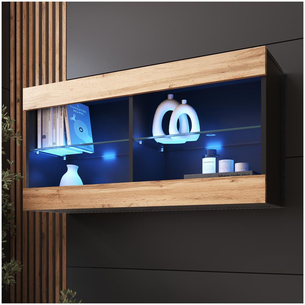 Komodee Tivoli Horizontal 100 Vetrina Sospesa, Nero/rovere Wotan, Illuminazione Led Blu, Larghezza 100 Cm X Altezza 50 Cm X Profondità 29 Cm, Per Soggiorno, Sala Da Pranzo - Foto 1
