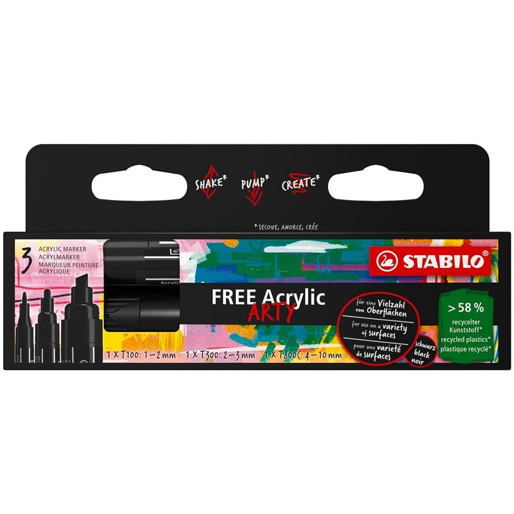 FREE Acrylic - Marker acrilico - Pack da 3 - 1x T100, T300, T800C - con 3 punte diverse - Nero - Foto 1