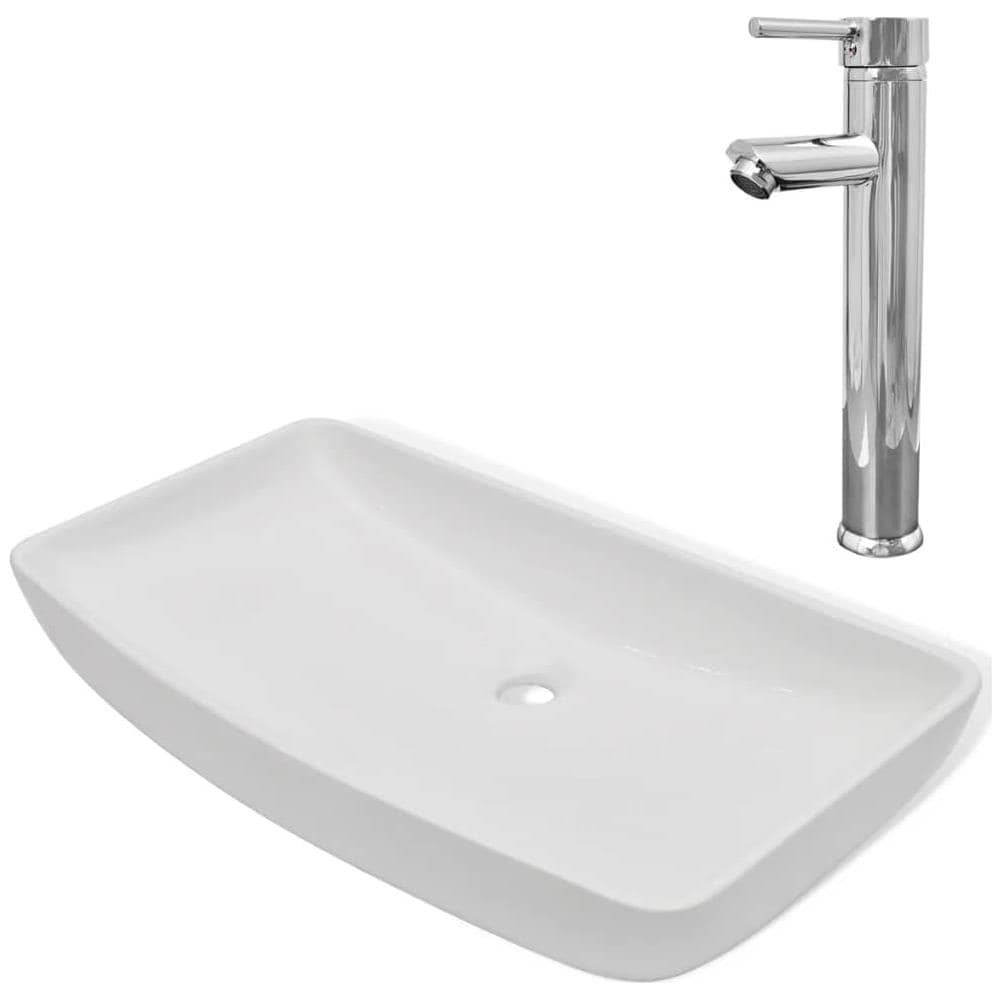 Lavello Bagno Con Miscelatore In Ceramica Rettangolare Bianco - Foto 2