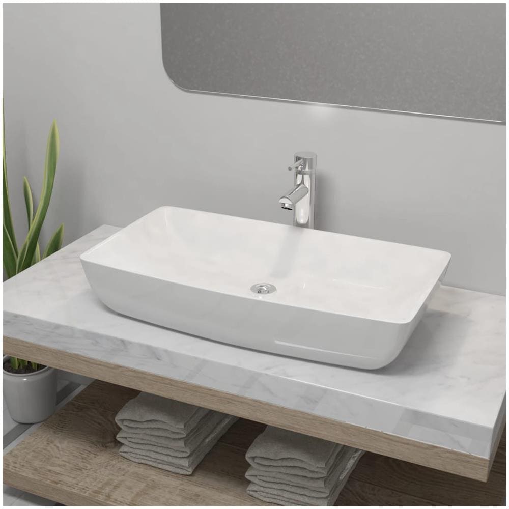 Lavello Bagno Con Miscelatore In Ceramica Rettangolare Bianco - Foto 1