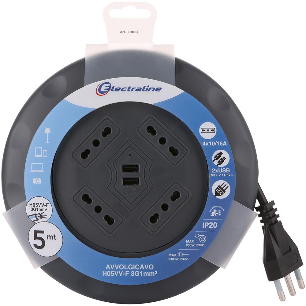 49024 Prolunga Con Avvolgicavo, 4 Prese Bivalenti 10/16a, Nero, 5 M - Foto 1