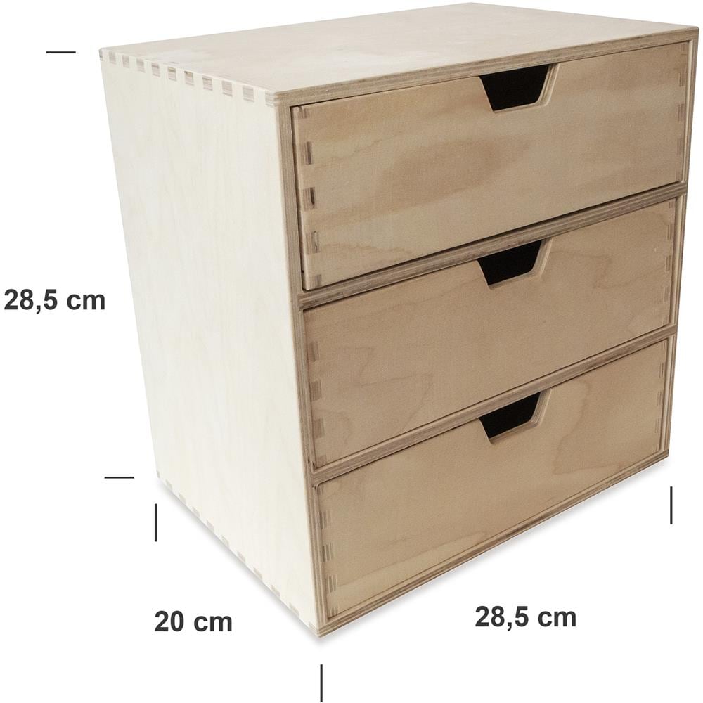 Mini Cassettiera In Legno | 3 Cassetti | 28,5 X 20 X 28,5 Cm (+ / - 1 Cm) | Scatola Armadio Di Stoccaggio | Compensato Non Verniciato | Perfetto Per Conservare, Decoupage E Decorazioni - Foto 5
