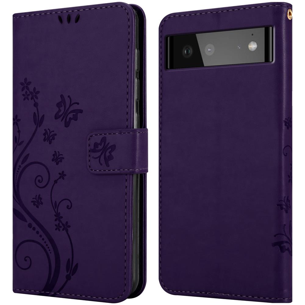Custodia Compatibile Con Google Pixel 6 In Lilla Scuro Fiore - Coperchio Protettivo In Design Floreale Con Chiusura Magnetica, Funzione Stand E Slot Per Carte - Foto 8