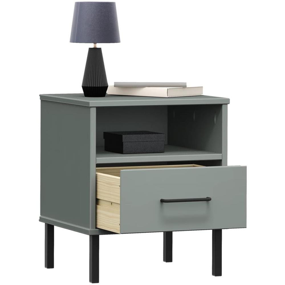 Comodino Con Gambe In Metallo Grigio Legno Massello Pino Oslo - Foto 3