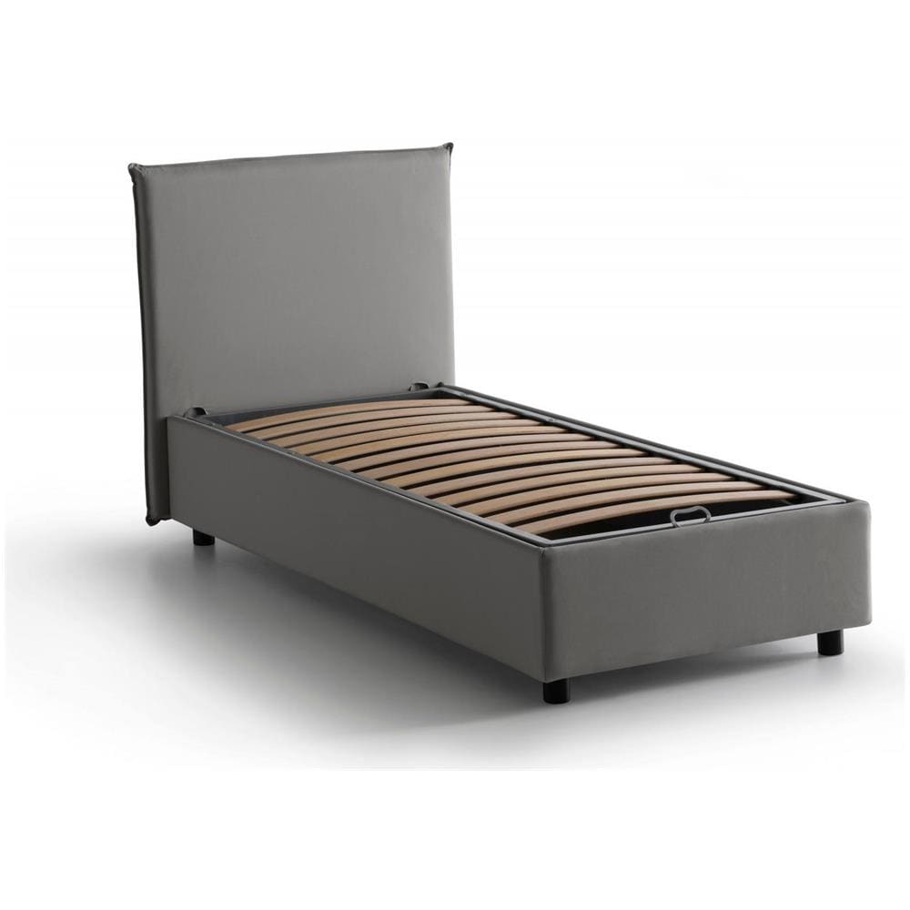 Letto Singolo Carola, Letto Contenitore Con Rivestimento In Tessuto, 100% Made In Italy, Apertura Laterale, Con Materasso Cm 80x190 Incluso, Grigio - Foto 4