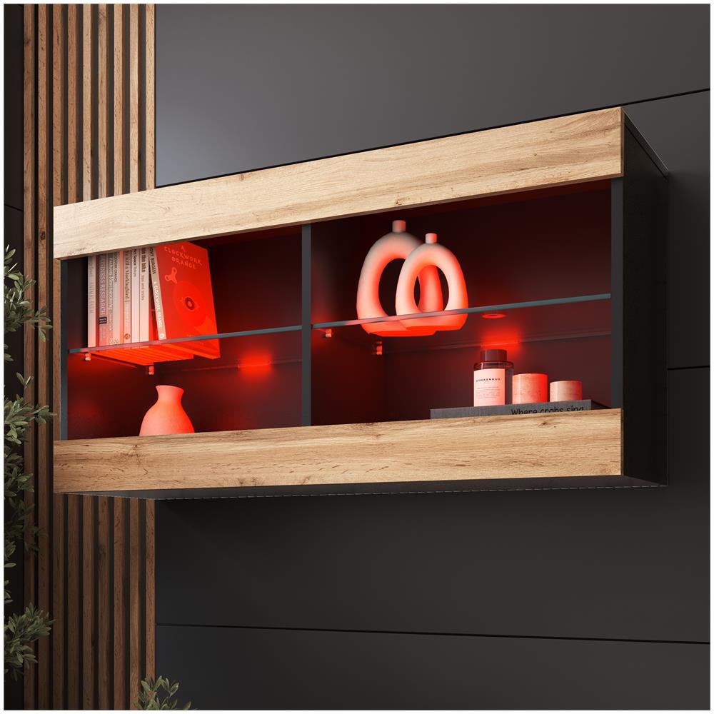 Komodee Tivoli Horizontal 100 Vetrina Sospesa, Nero/rovere Wotan, Illuminazione Led Multicolore Rgb, Larghezza 100 Cm X Altezza 50 Cm X Profondità 29 Cm, Per Soggiorno, Sala Da Pranzo - Foto 1