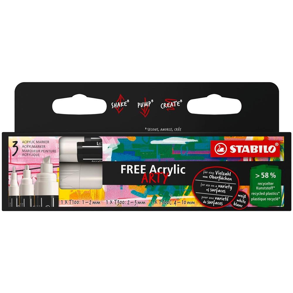 FREE Acrylic - Marker acrilico - Pack da 3 - 1x T100, T300, T800C - con 3 punte diverse - Bianco - Foto 1