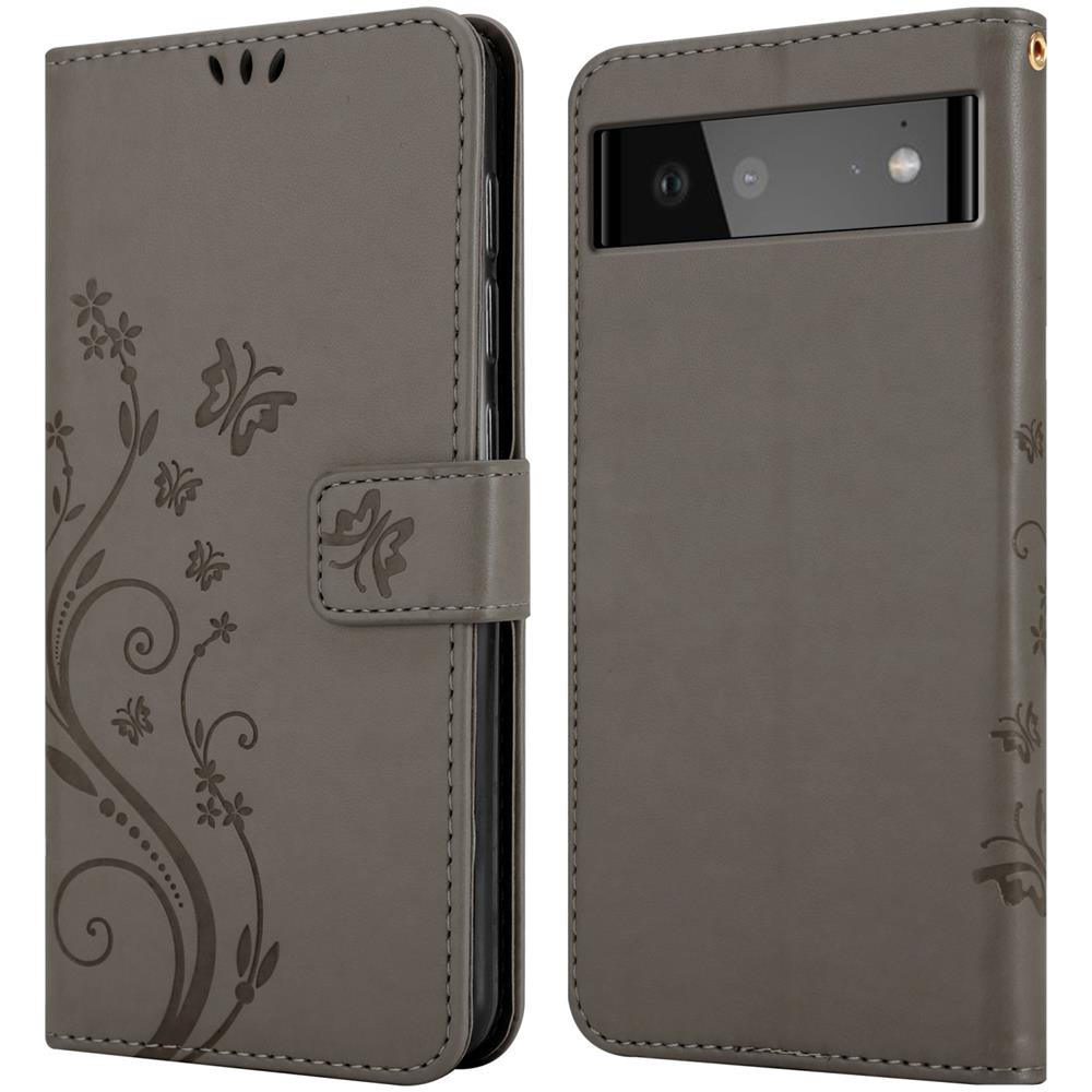 Custodia Compatibile Con Google Pixel 6 In Grigio Fiore - Coperchio Protettivo In Design Floreale Con Chiusura Magnetica, Funzione Stand E Slot Per Carte - Foto 8