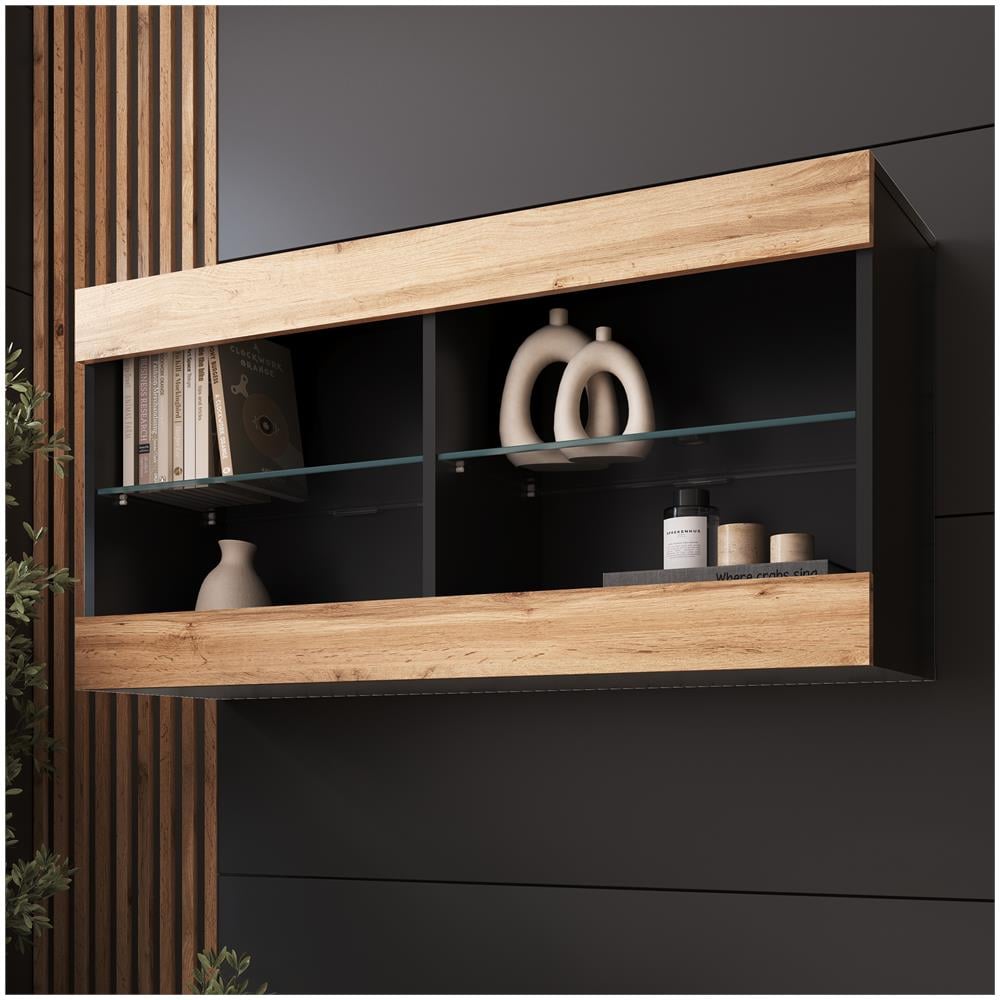 Komodee Tivoli Horizontal 100 Vetrina Sospesa, Nero/rovere Wotan, Senza Led, Larghezza 100 Cm X Altezza 50 Cm X Profondità 29 Cm, Per Soggiorno, Sala Da Pranzo - Foto 1