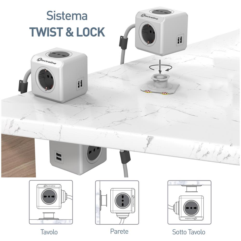 62045 Multipresa Cubo Powercube 4 Posti Con 2 Usb 2.1a, 2 Schuko + Spina Italiana, 2 Bivalenti 10/16 Italiane, Colore Bianco, Cavo 1.5m - Foto 3